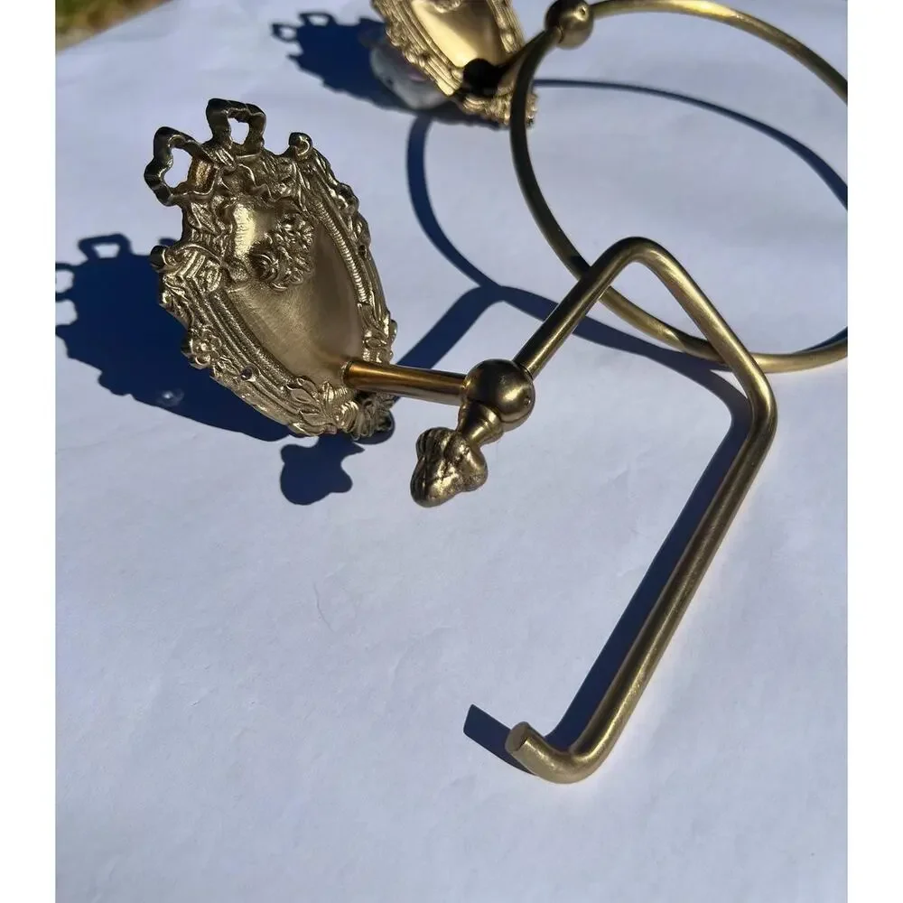 Antique Brass Bathroom Hardware  | Solid Brass Towel Ring & Toilet Paper Holder
